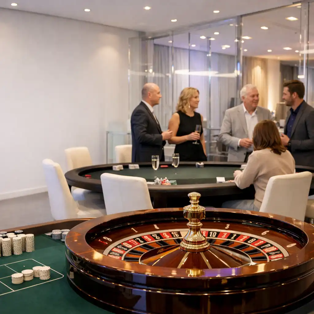 Heller Eventraum mit Roulette-Tisch und Pokertisch in einer realen Casino-Eventinszenierung