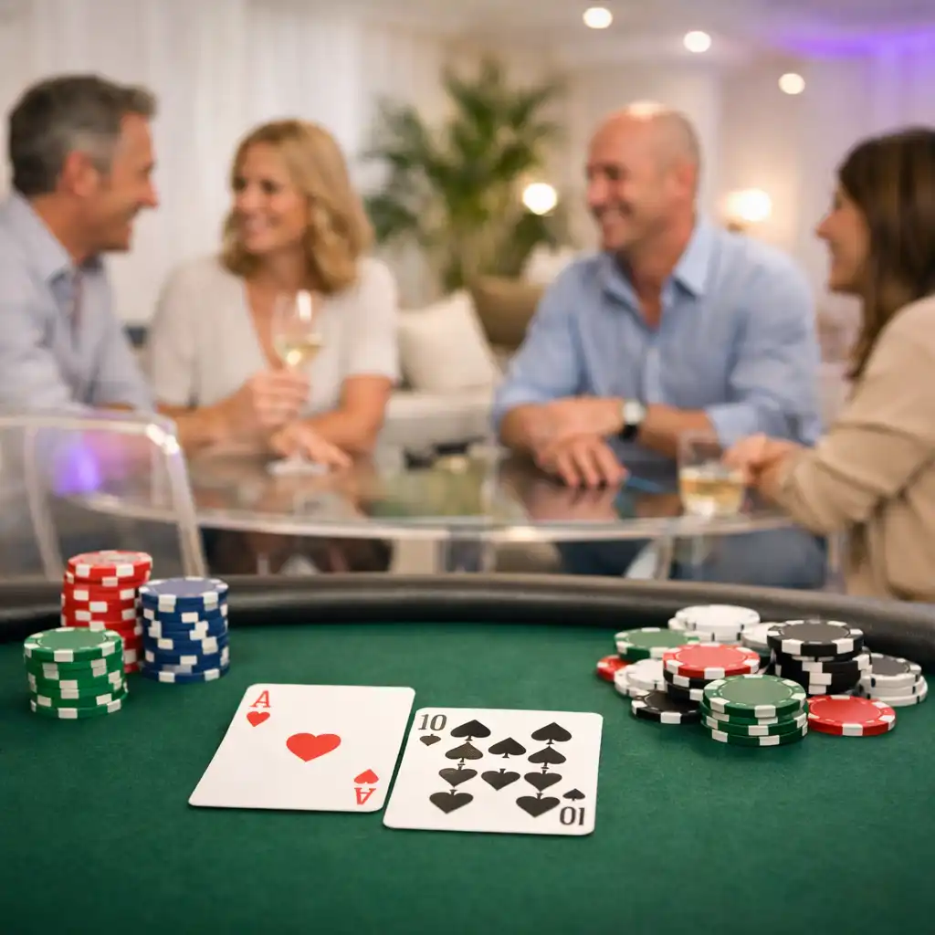 Pokertisch mit Karten und Chips vor einer entspannten Card Lounge
