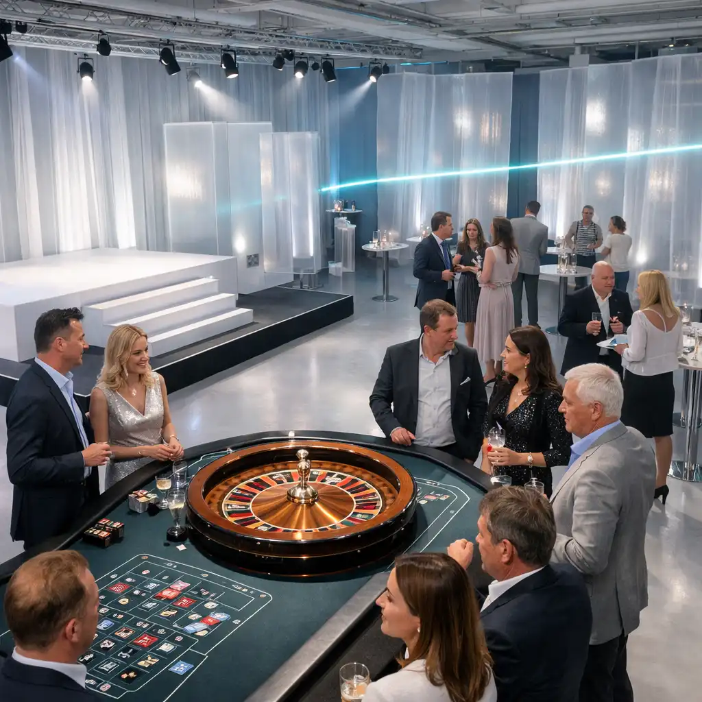 Real inszenierte Roulette-Eventzone mit hellem Raum und kontrollierten Lichtakzenten