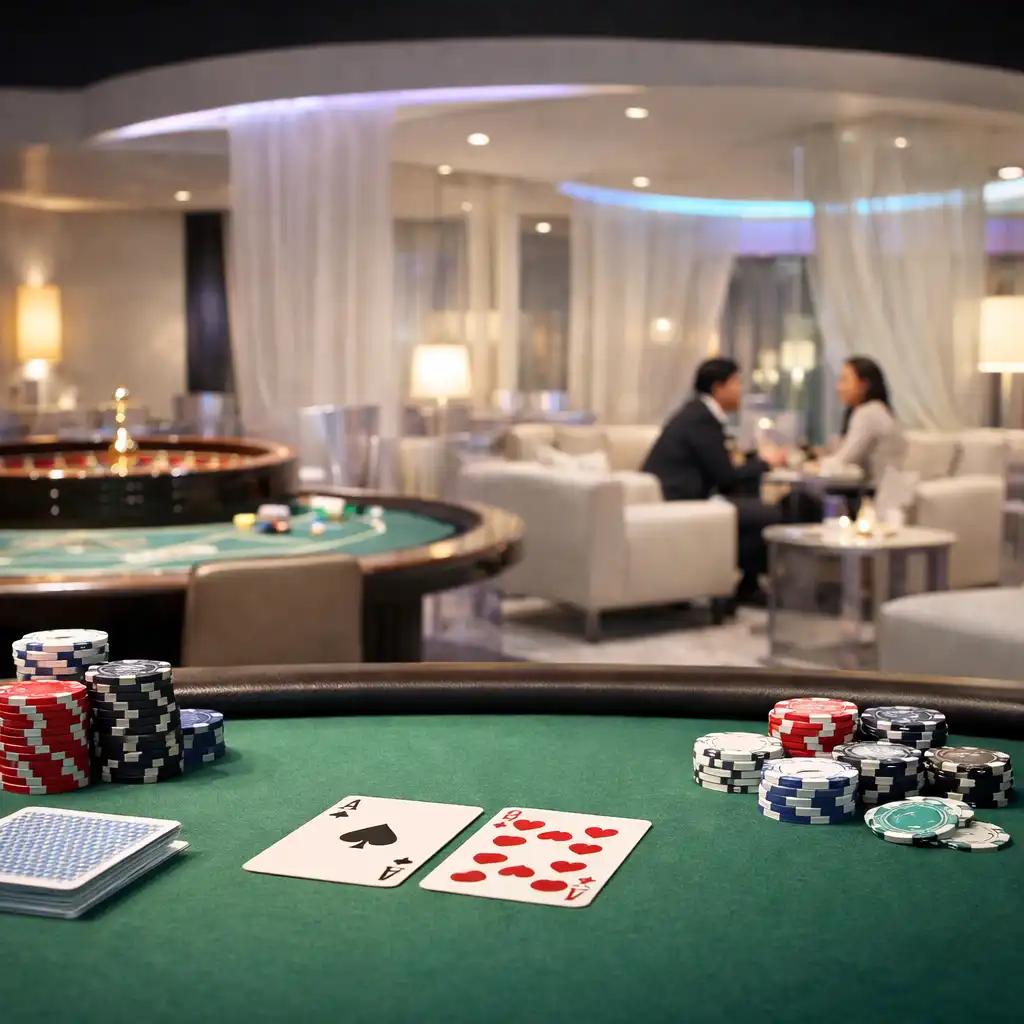 Pokertisch mit Karten und Chips, Roulette-Tisch und Card Lounge in einer realen Eventzone