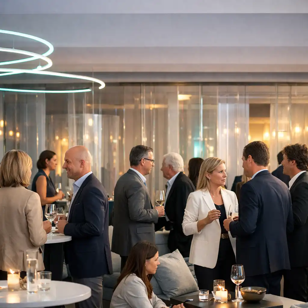 Erwachsene Gäste im Gespräch in einem hellen Networking-Bereich