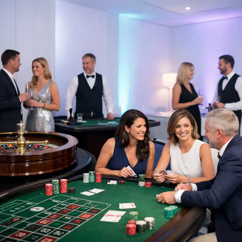 Echter Roulettetisch und Pokertisch bei einem physischen Casino-Themenabend