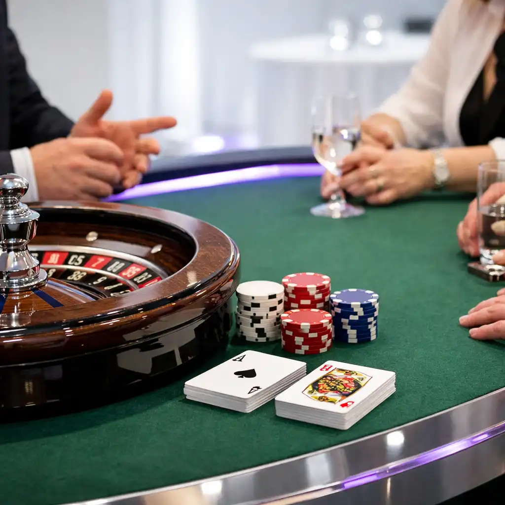 Detail eines echten Casino-Eventtischs mit Roulette-Rad, Karten und Chips