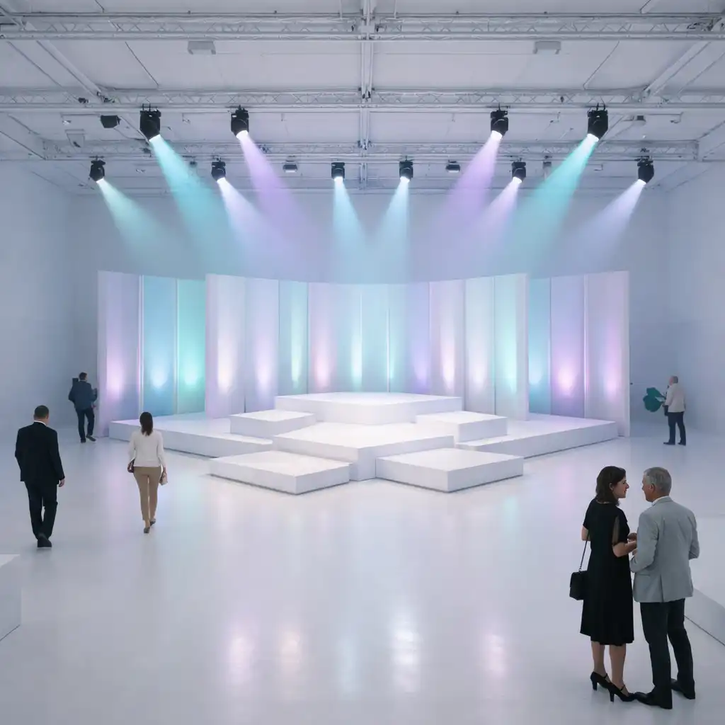 Weite Eventarchitektur mit Bühne und kontrollierten Lichtakzenten