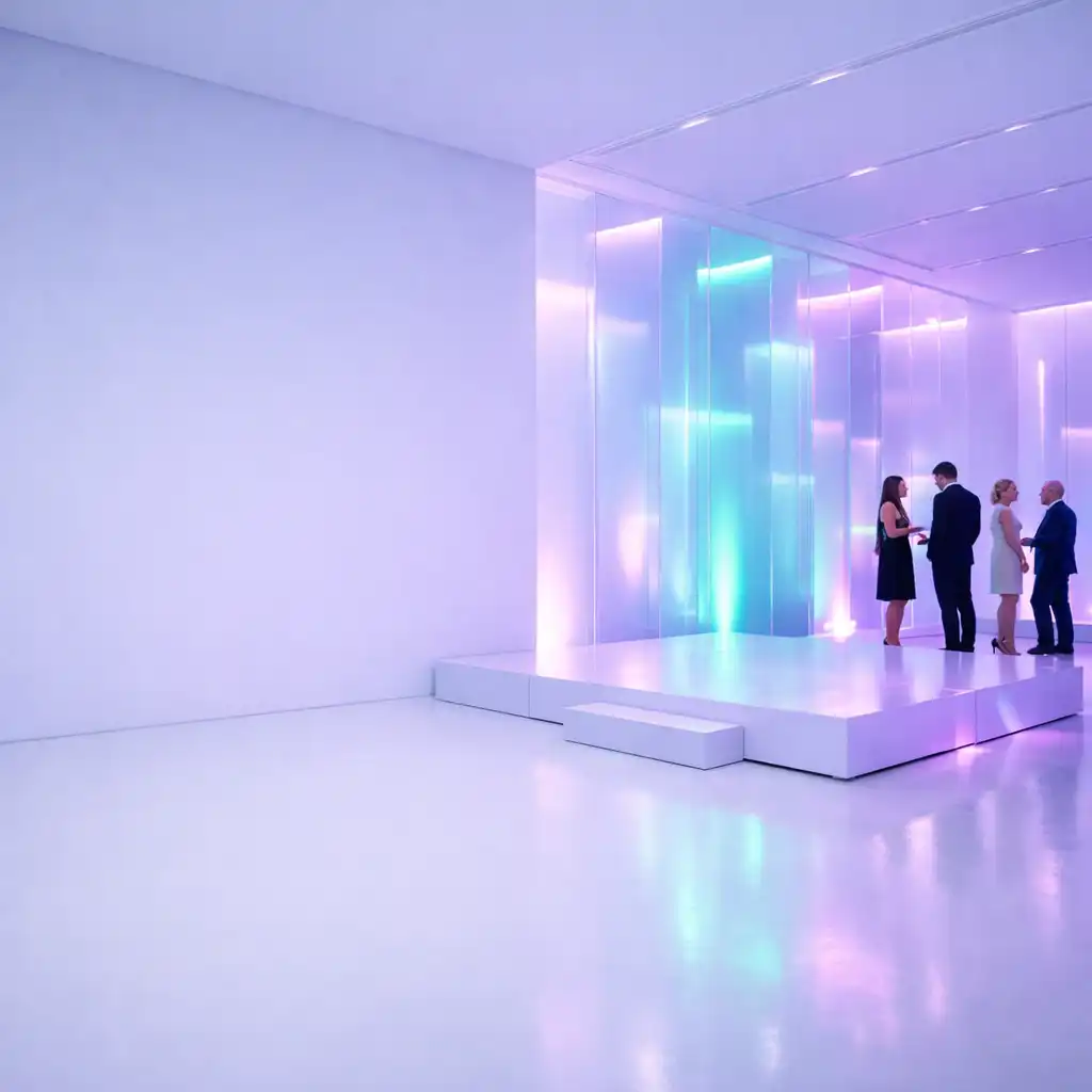 Helle Eventlocation mit transparenten Paneelen, modularer Bühne und Gästen