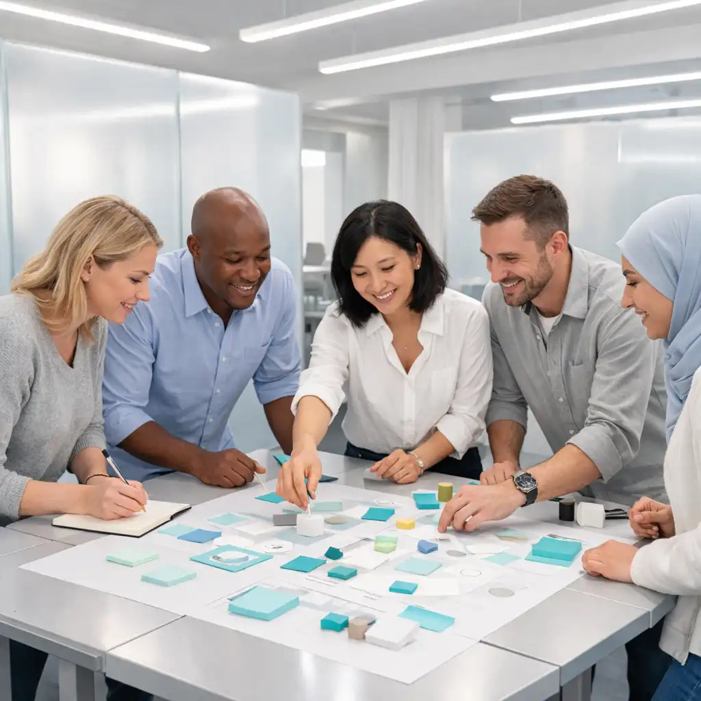 Kleine Gruppe bei einer gemeinsamen analogen Aktivität in einem modernen Eventraum