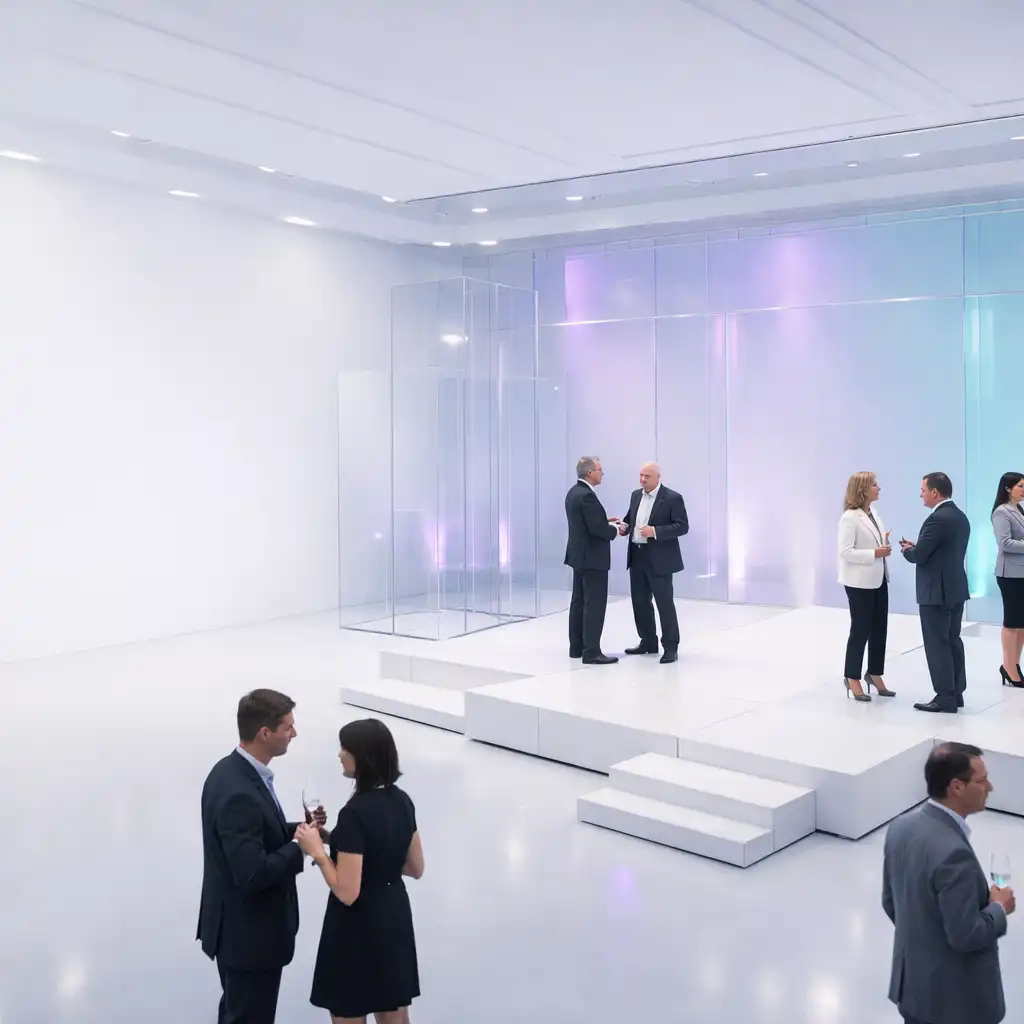 Helle Firmenveranstaltung mit Gästen, transparenter Architektur und dezenten Lichtakzenten