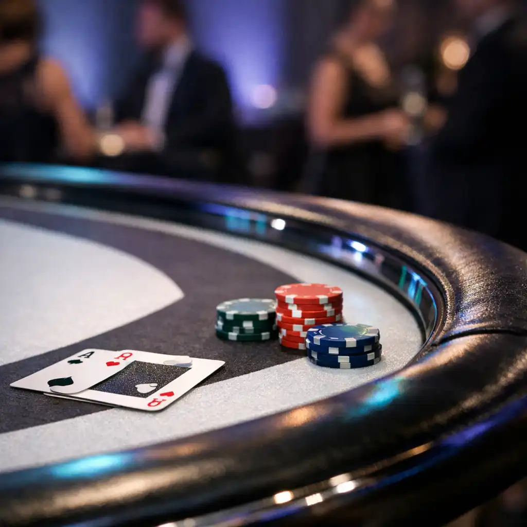 Detail einer realen Casino-Themenabend-Ausstattung mit Karten und Chips