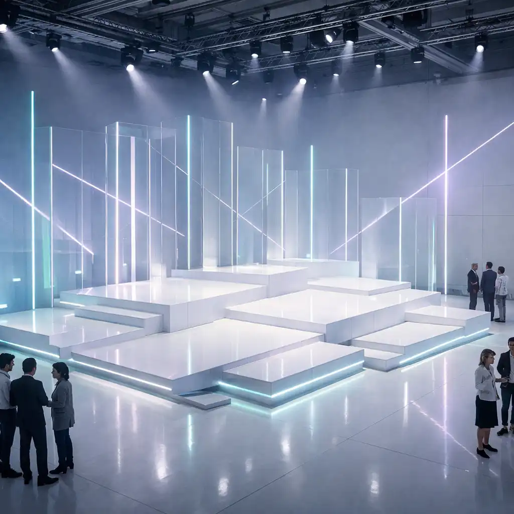 Weite Eventansicht mit modularer Bühne, transparenten Paneelen und feinen Lichtlinien