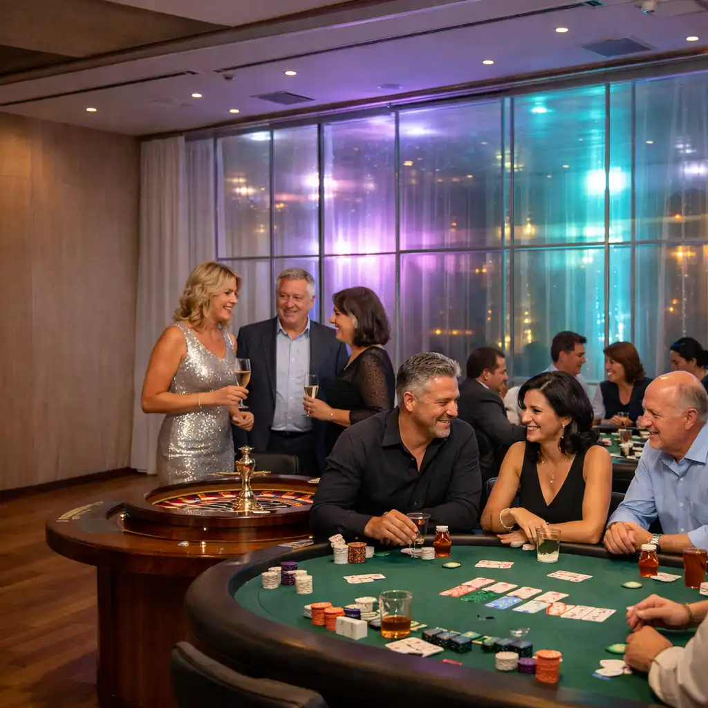 Physisches Casino-Themenmodul mit Roulette-Rad, Pokertisch, Karten und Chips bei einer privaten Feier