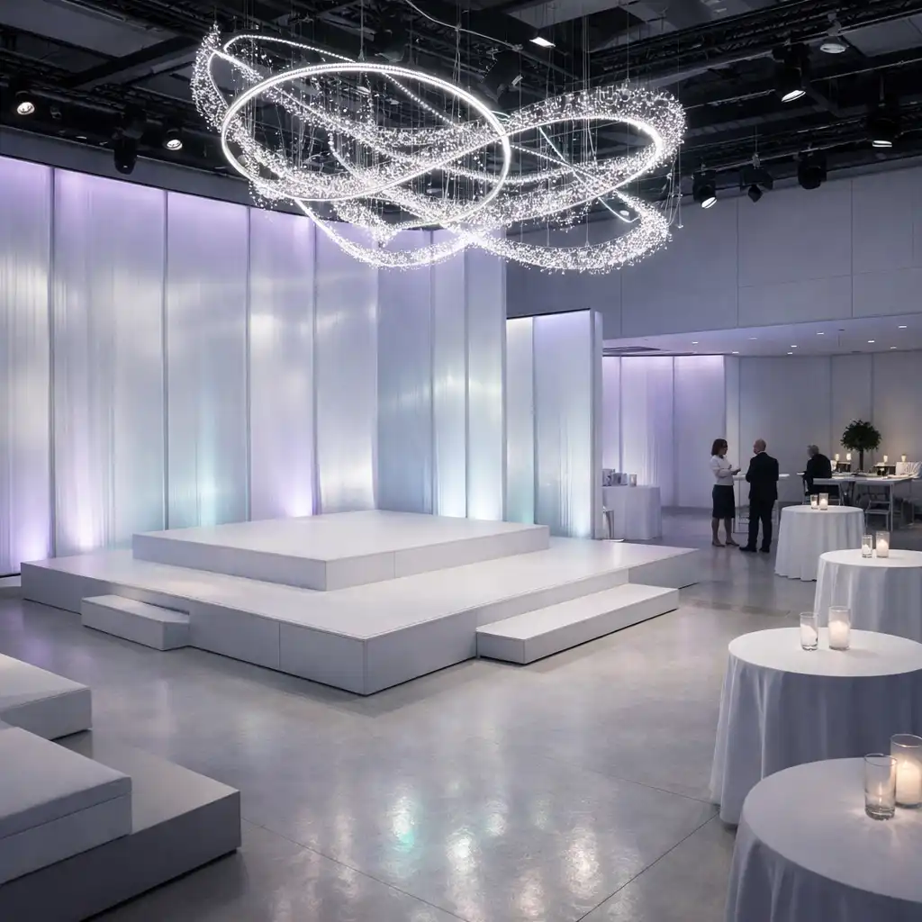 Moderner Veranstaltungsraum mit transluzenten Paneelen und skulpturaler Lichtinstallation
