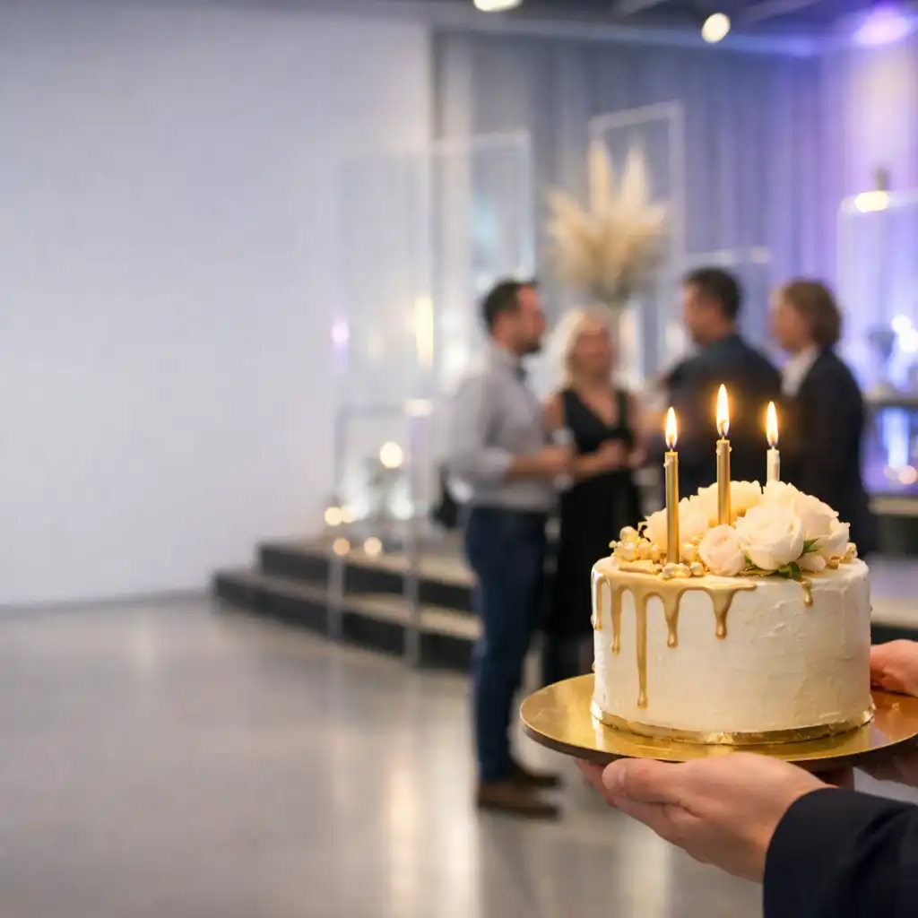 Individuell gestaltete Geburtstagsfeier in hellem modernem Eventraum mit Torte und Gästen
