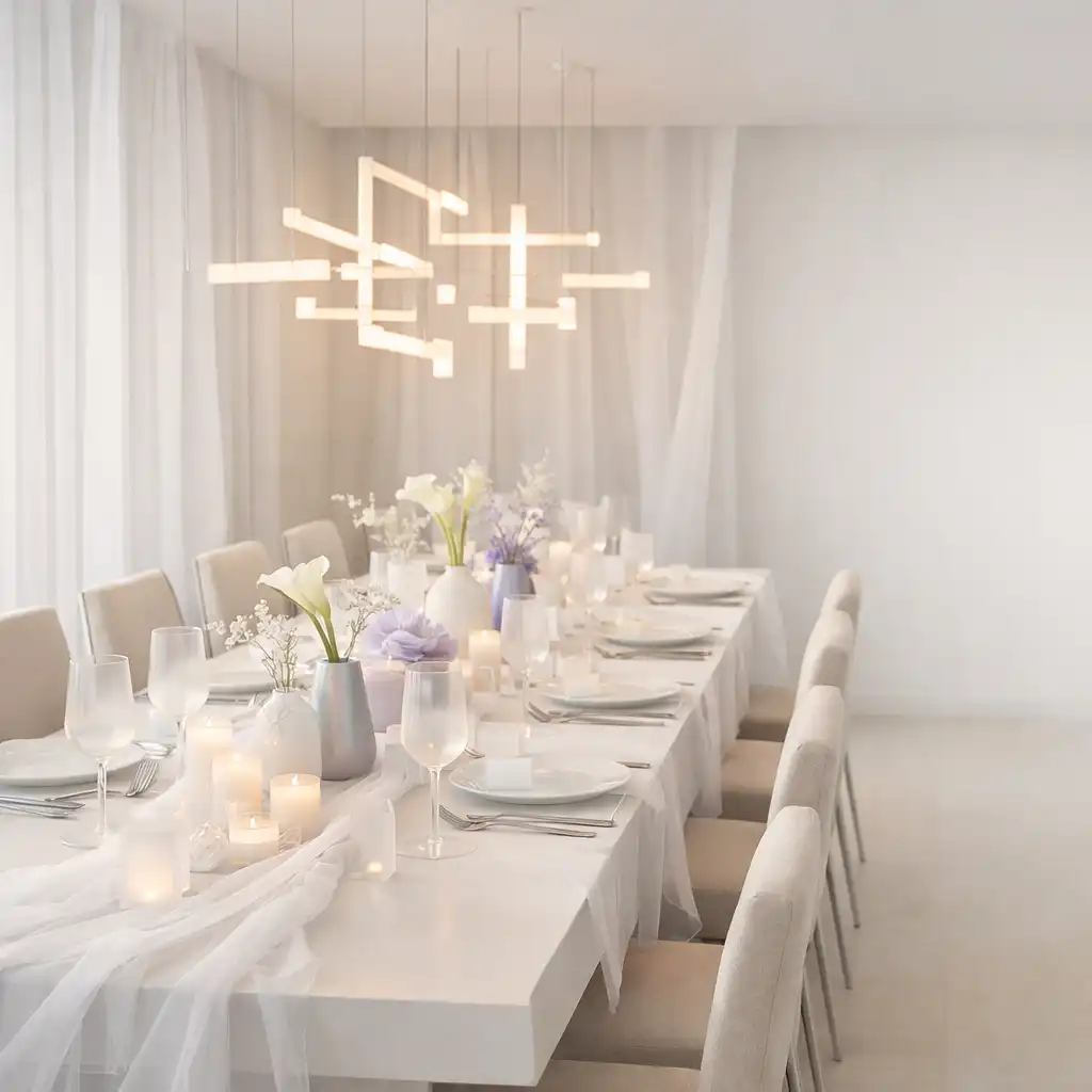 Helle Feierinszenierung mit gedecktem Tisch, transparenten Materialien und Lichtinstallation