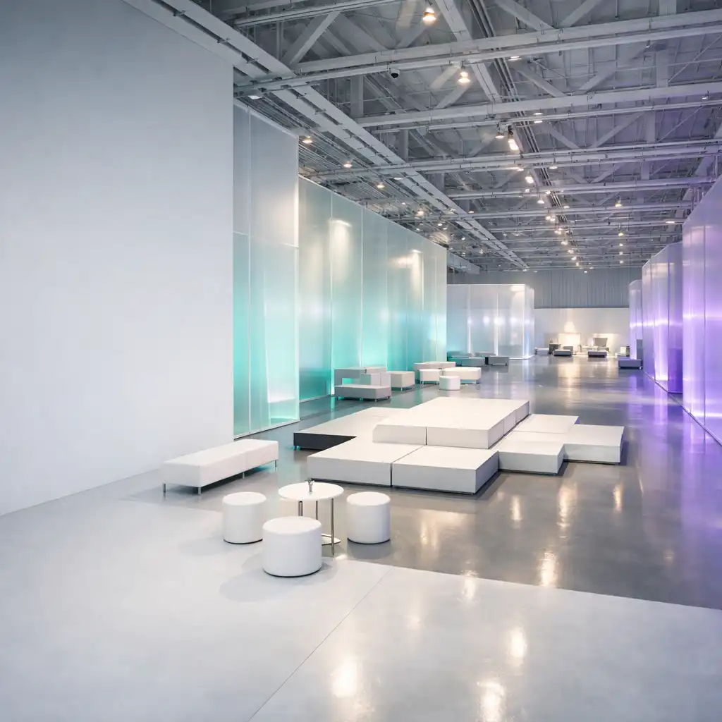Helle moderne Eventlocation mit transparenten Paneelen, modularer Bühne und kontrollierten Lichtakzenten