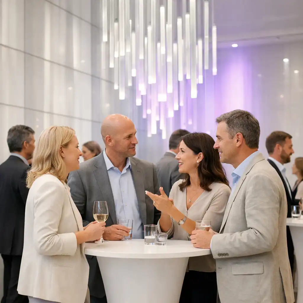 Gäste im Austausch in einem hellen architektonischen Networking-Raum