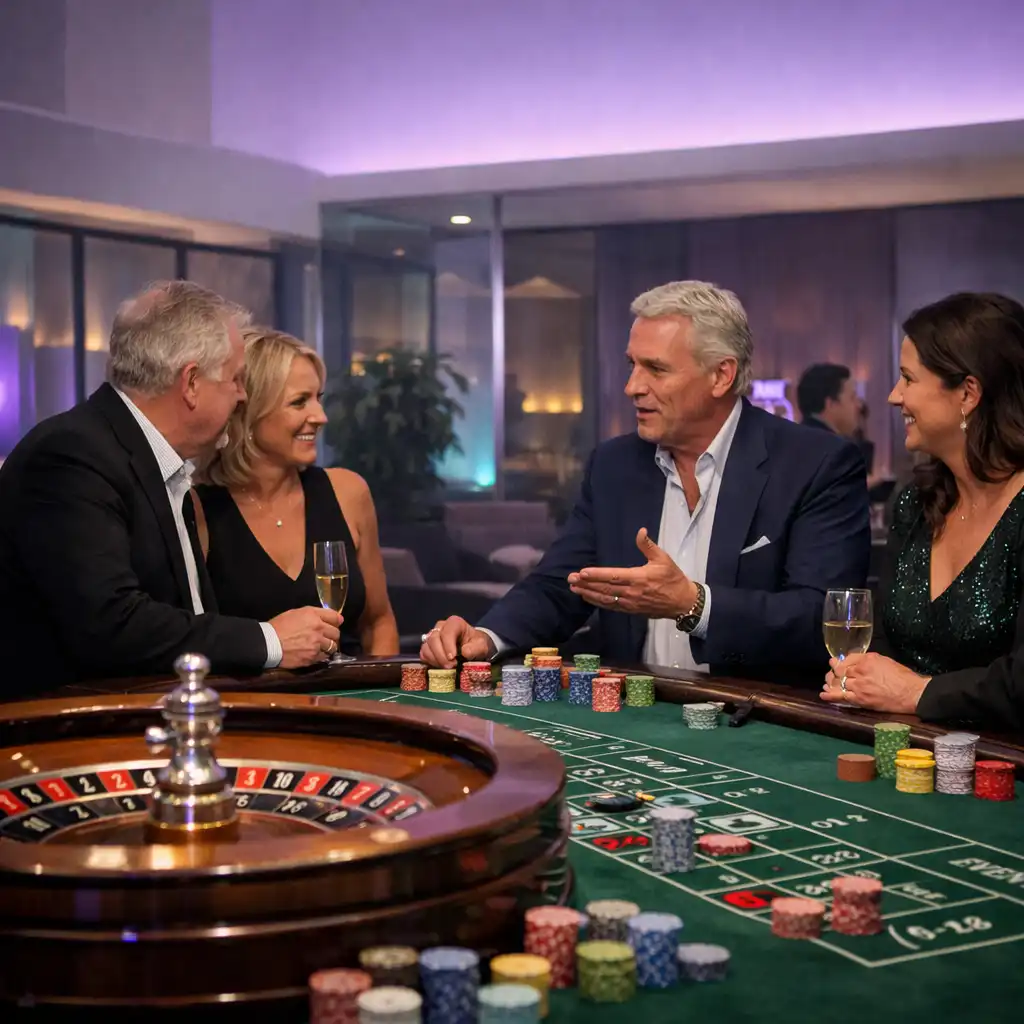 Realer Roulette-Tisch bei einem stilvoll inszenierten Casino-Themenabend mit erwachsenen Gästen