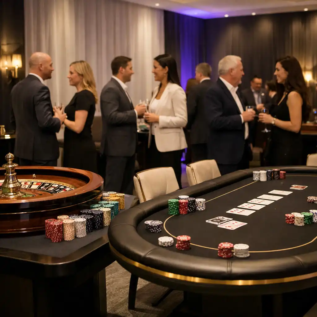Echter Roulette- und Pokertisch bei einer professionell gestalteten Firmenfeier