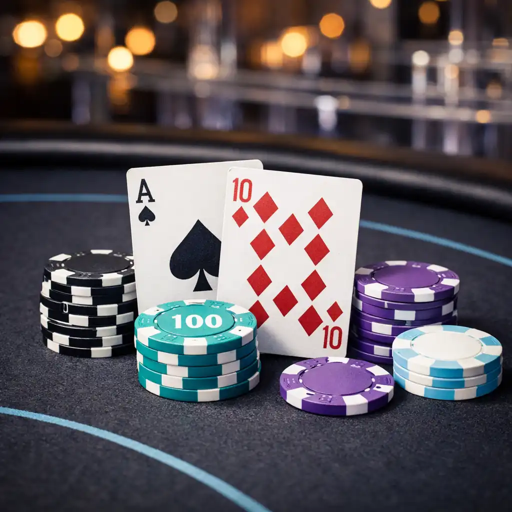 Detail eines realen Pokertisches mit Karten und Chips als Eventausstattung