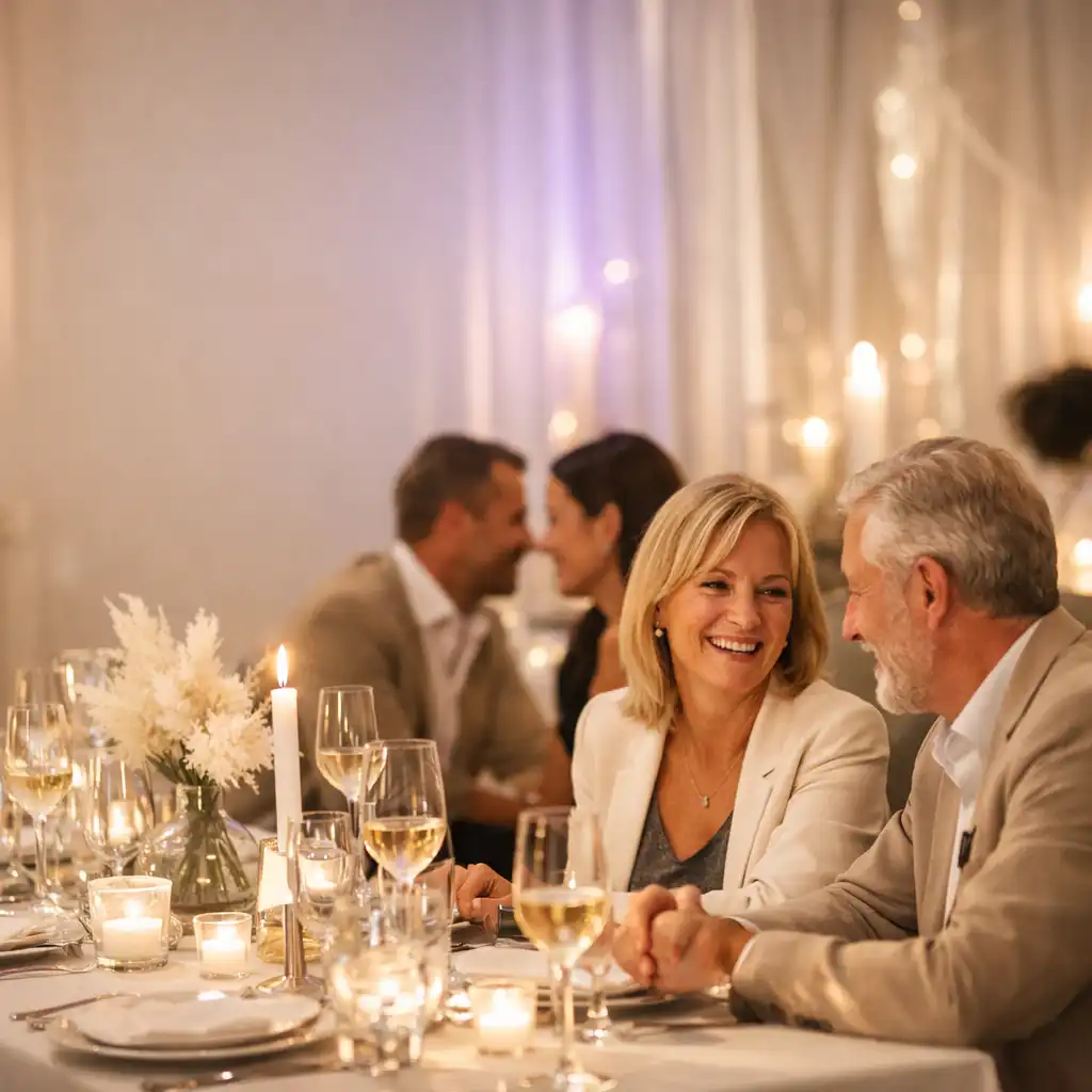 Erwachsene Gäste an einer elegant gedeckten Tafel bei einer warm beleuchteten privaten Feier