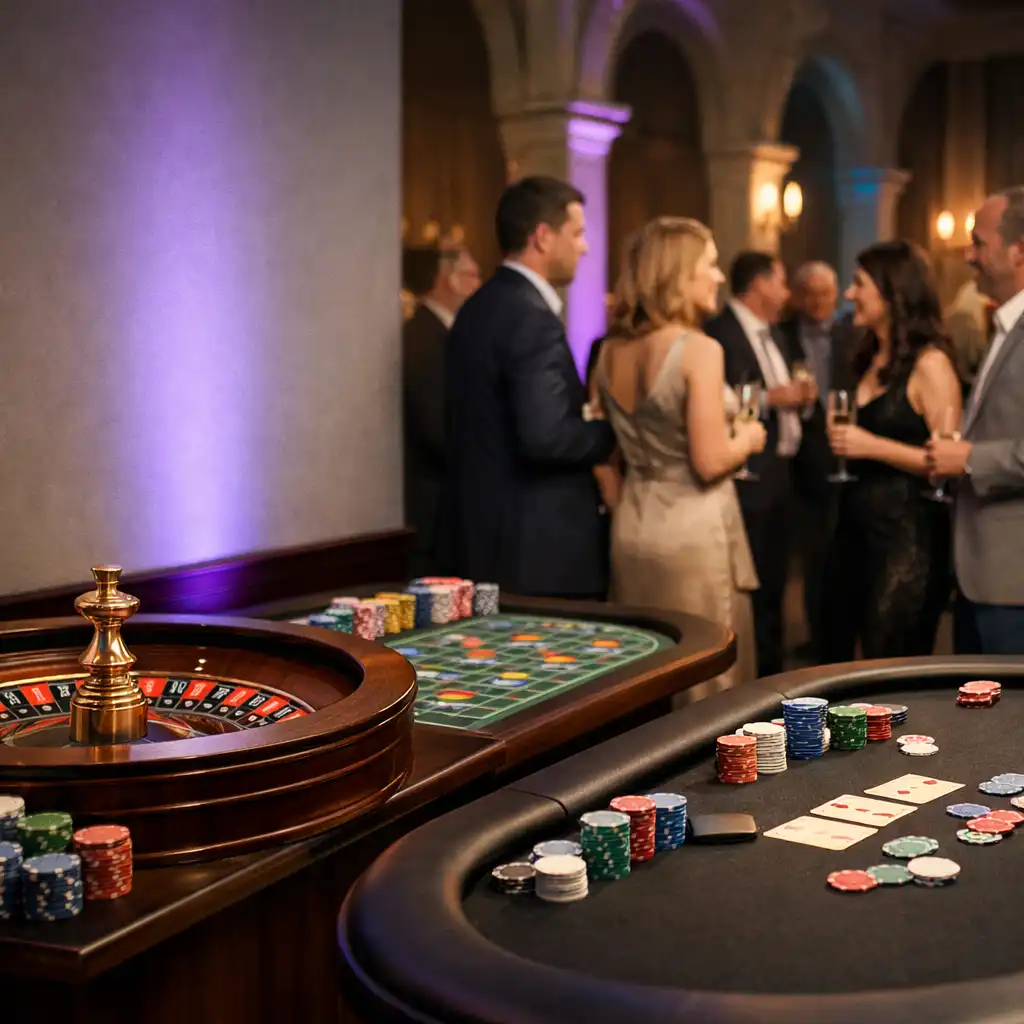 Echter Roulette- und Pokertisch mit Karten und Chips als physisches Casino-Themenmodul bei einer privaten Feier
