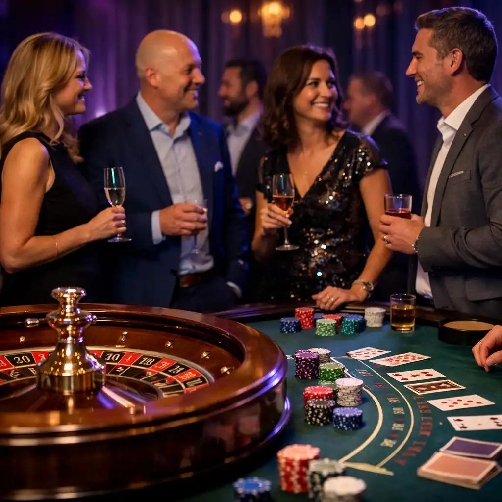 Reales Roulette-Rad und eleganter Tisch bei einem Casino-Themenabend vor Ort