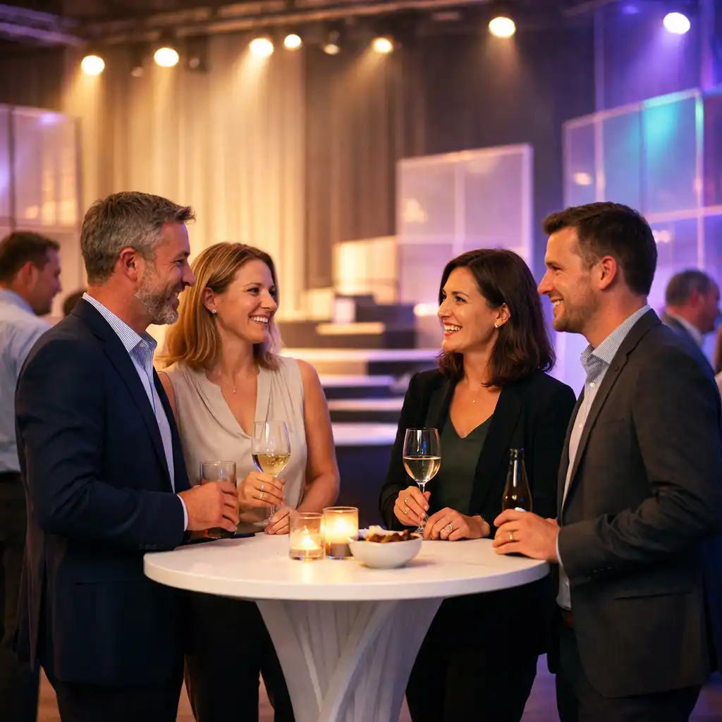 Kolleginnen und Kollegen im Gespräch bei einer stilvollen Abendveranstaltung
