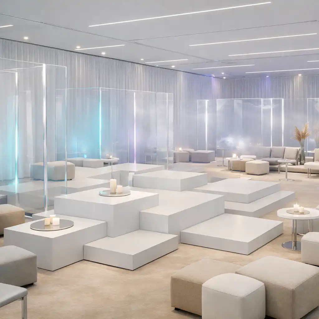 Helle modular gestaltete Eventlocation mit transparenten Paneelen und Lichtinstallation