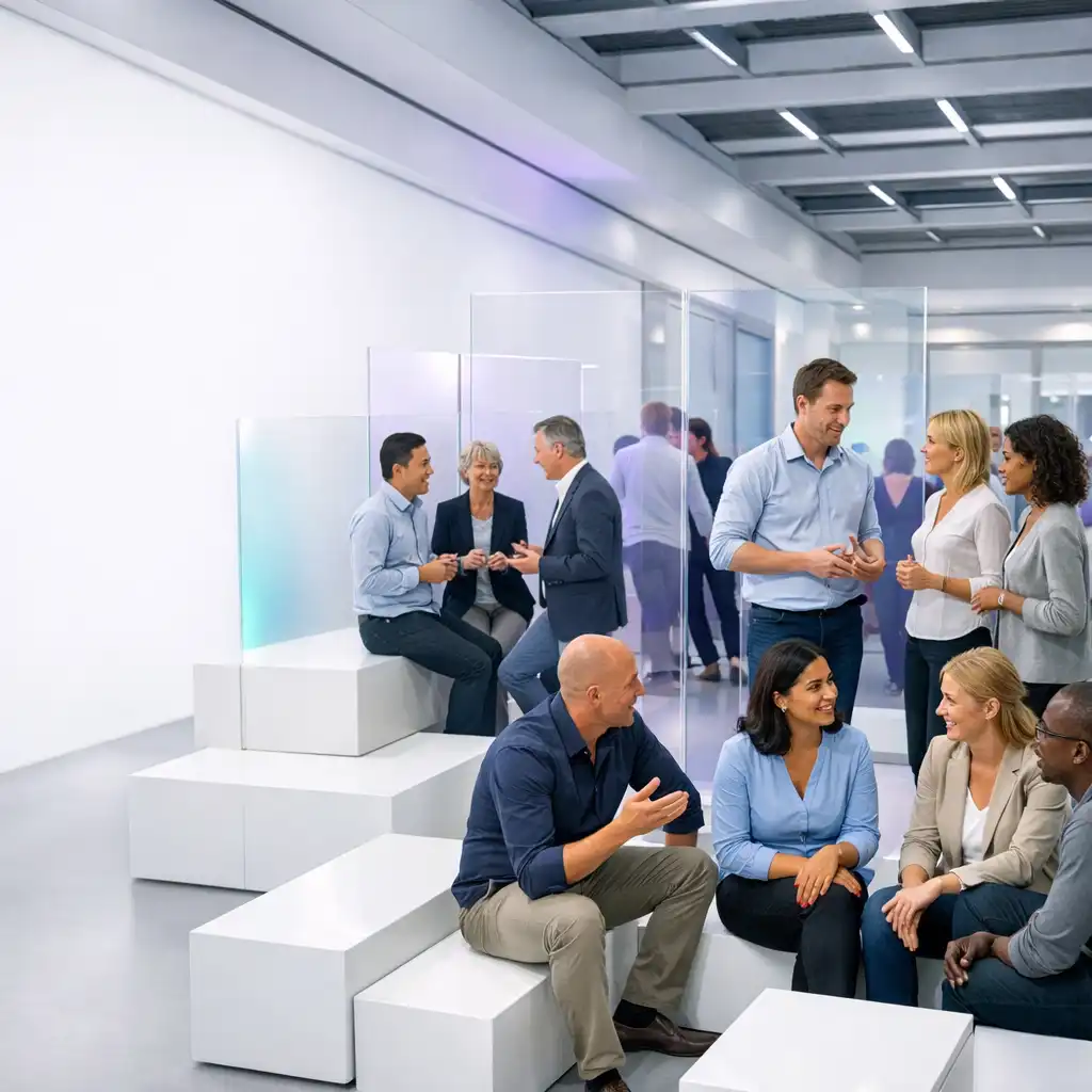 Kolleginnen und Kollegen im Austausch zwischen hellen modularen Eventelementen