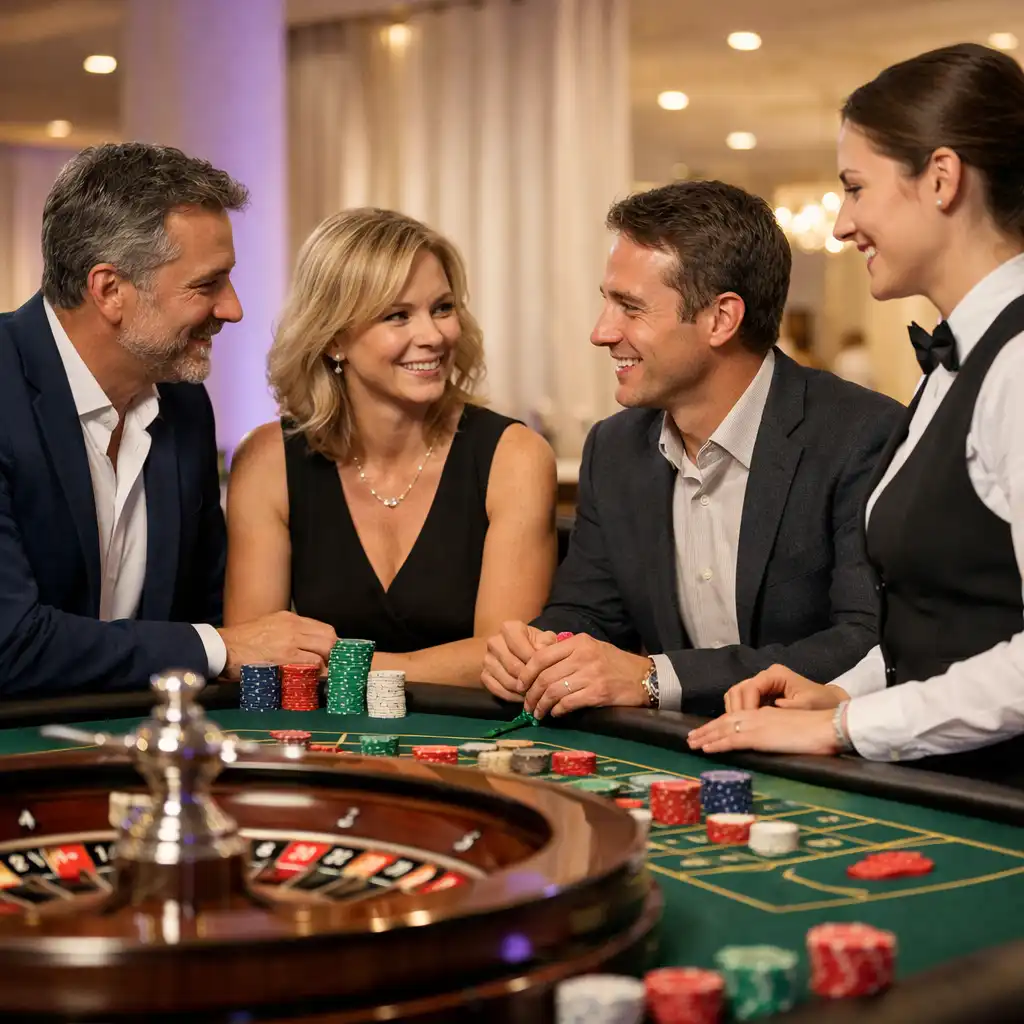 Echter Casino-Tisch mit Karten und Chips in einer hochwertigen Eventumgebung