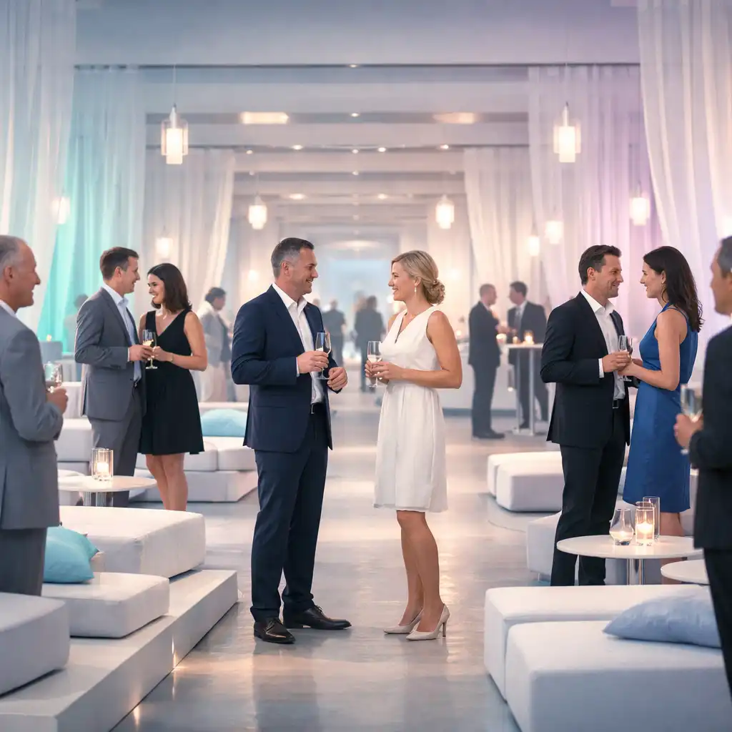 Moderne Future Lounge mit Gästen im Gespräch, transparenten Stoffen und dezenten Lichtachsen