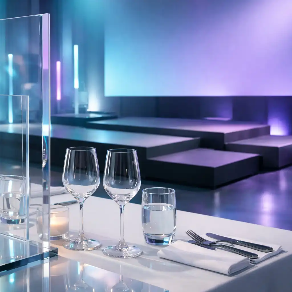 Event-Szenografie mit transparenten Acrylflächen, gedecktem Tisch und modularer Bühne